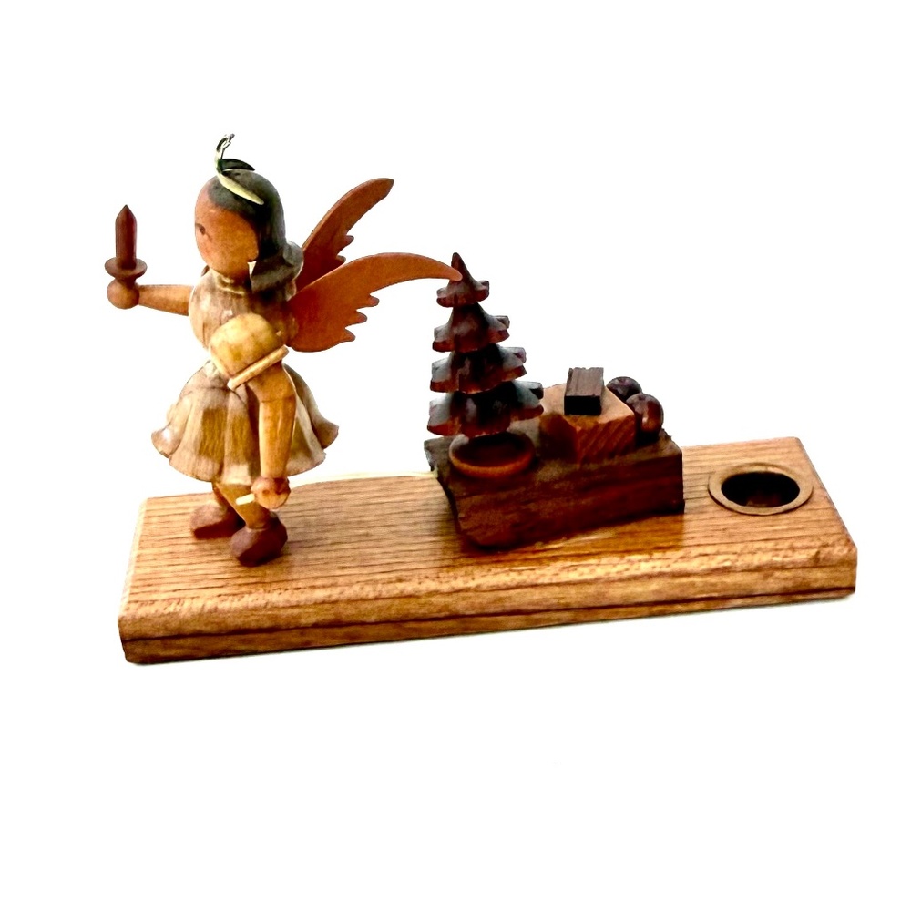 ERZGEBIRGE HAND-CARVED WOOD ANGEL PULLING SLEIGH W/TREE, GIFTS AND CANDLE HOLDE